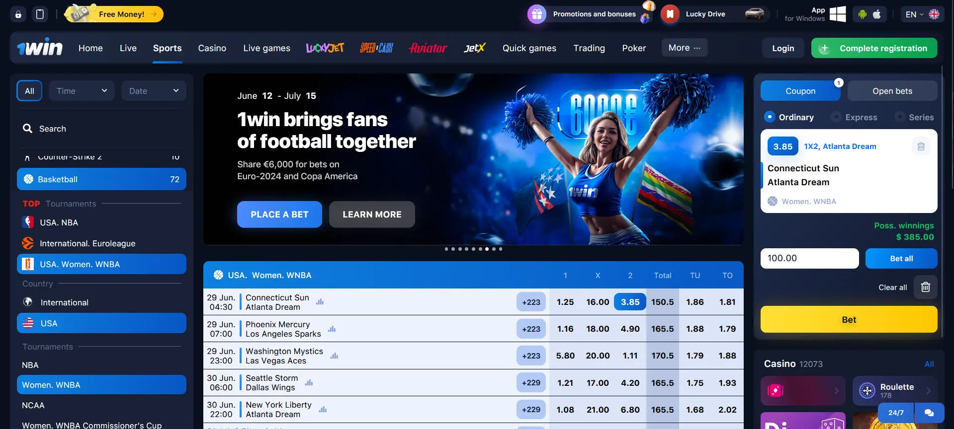 Basketball betting at 1Win
