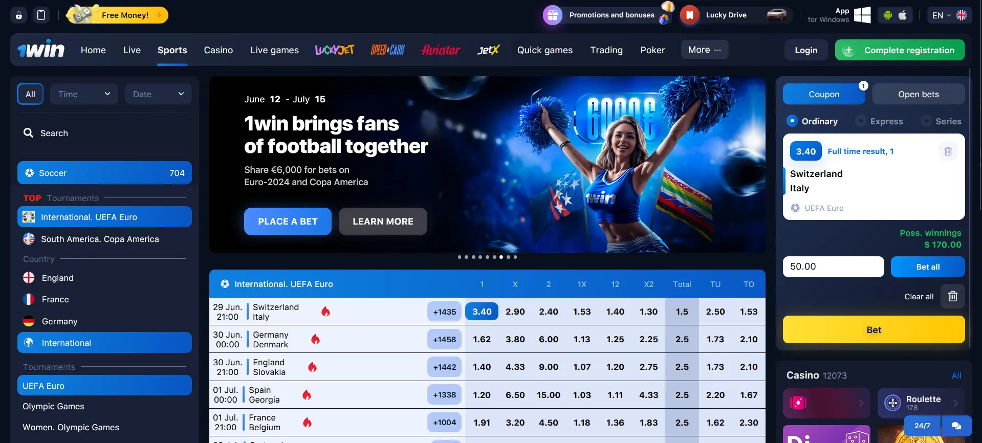 Football betting at 1Win
