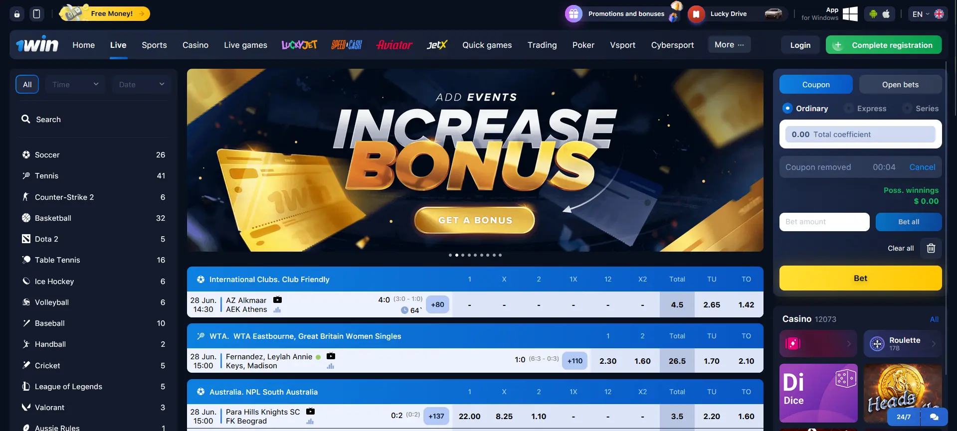 Live betting at 1Win