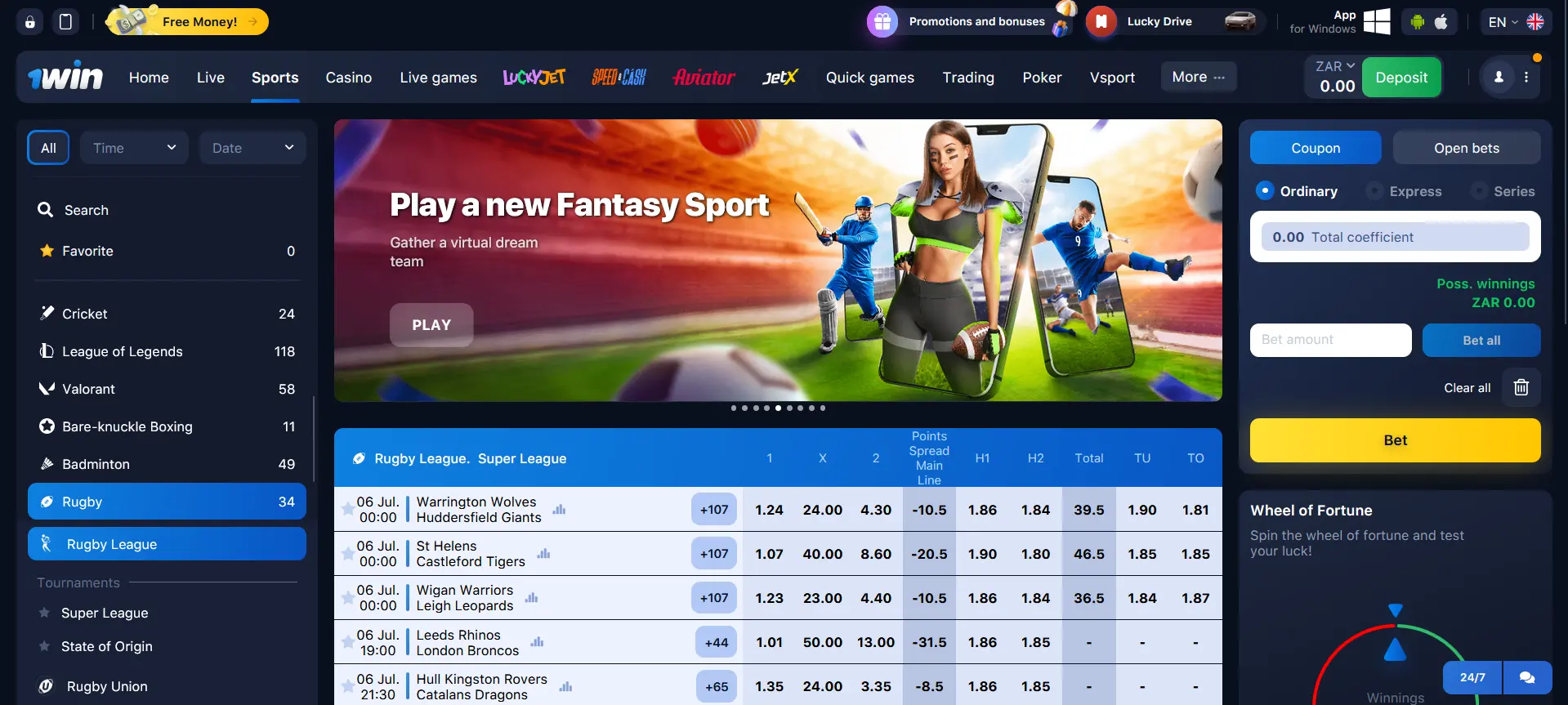 Rugby betting at 1Win