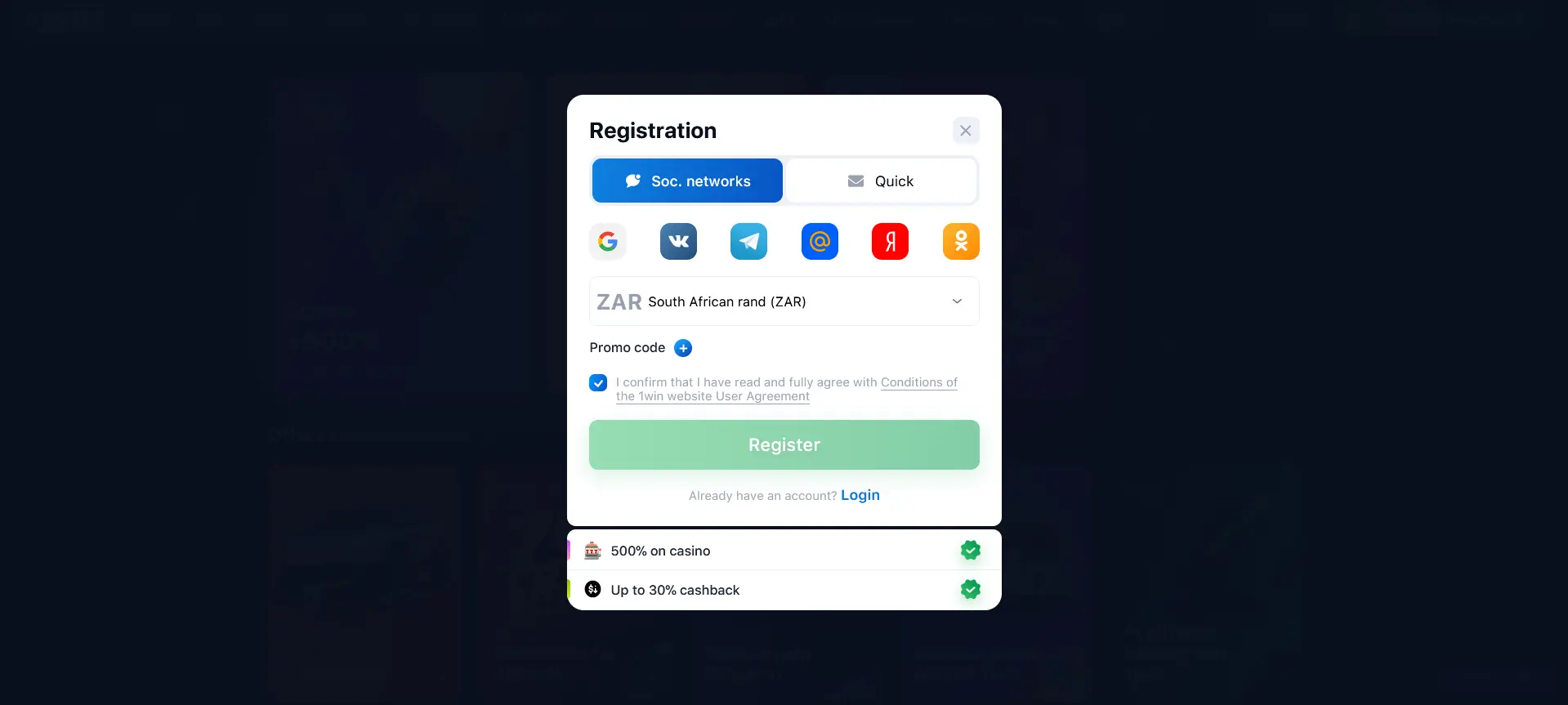 Step-by-step instructions on how to register via social networks in 1Win