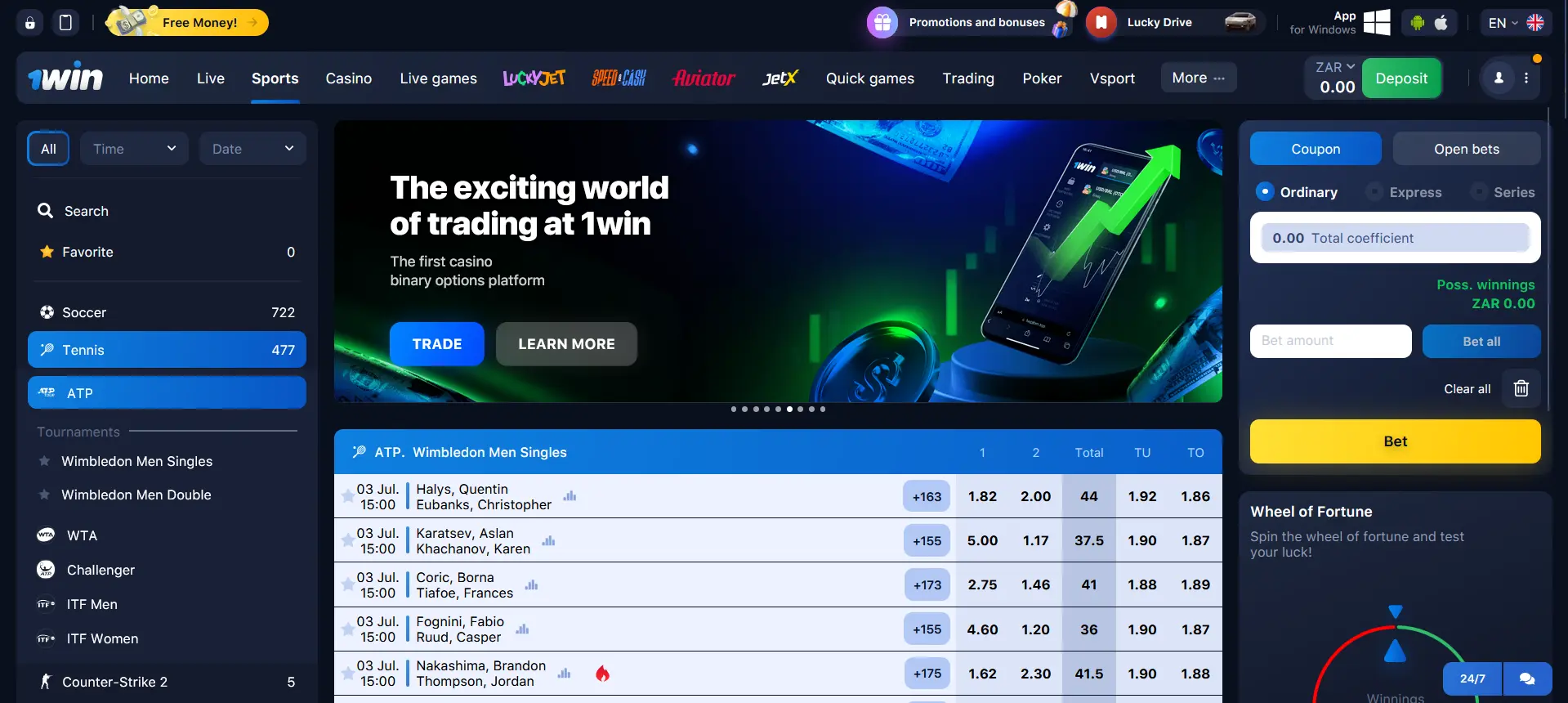Tennis betting at 1Win