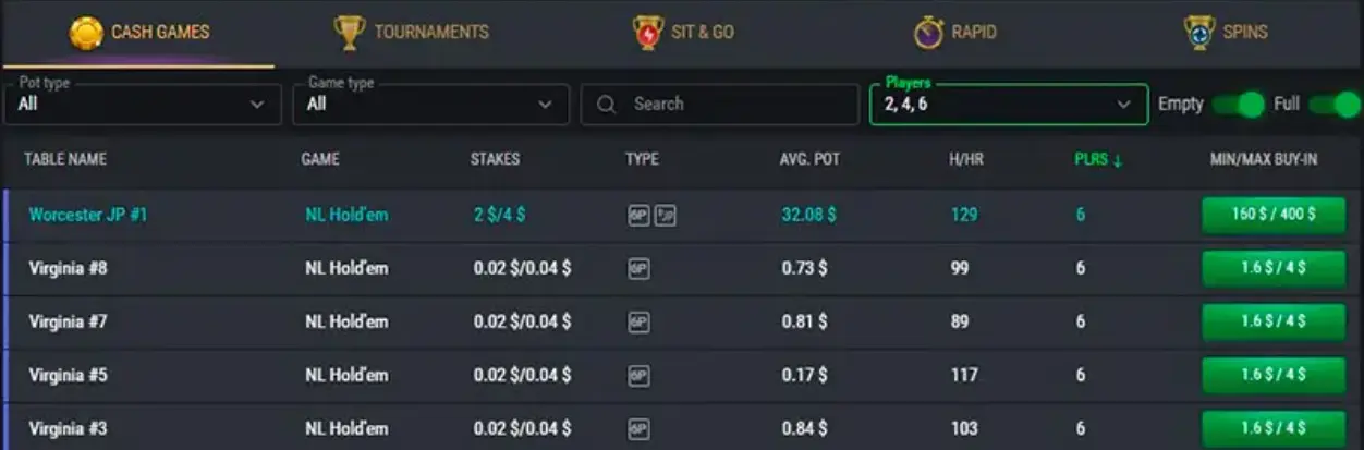 Cash Games Poker 1Win