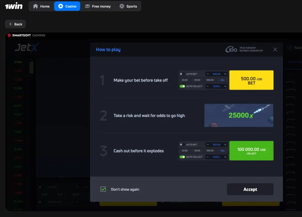 Training in JetX in 1Win